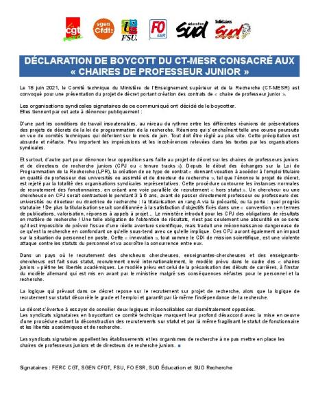 Déclaration de boycott du CT-MESR consacré aux "chaires de professeur junior" du 18 juin 2021 