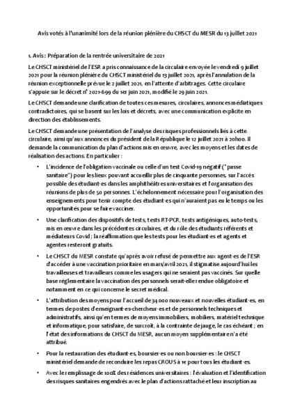 Rentrée, INSPE, conseillers de prévention : les avis votés par les représentant·es du personnel lors du CHSCT MESR du 13 juillet 2021