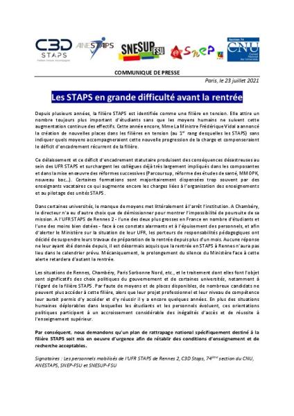 Les STAPS en grande difficulté avant la rentrée - Communiqué de presse du 23 juillet 2021