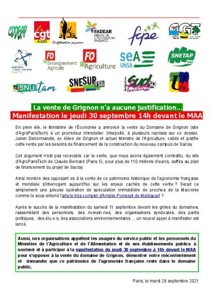 Manifestation le jeudi 30 septembre 14h devant le MAA - La vente de Grignon n'a aucune justification... - Appel intersyndical du 28 septembre 2021