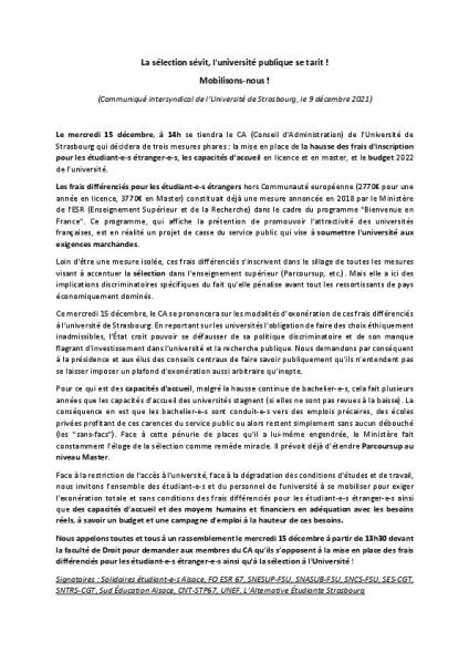 La sélection sévit, l'université publique se tarit !  Mobilisons-nous !  - Communiqué intersyndical de l’Université de Strasbourg,  9 décembre 2021