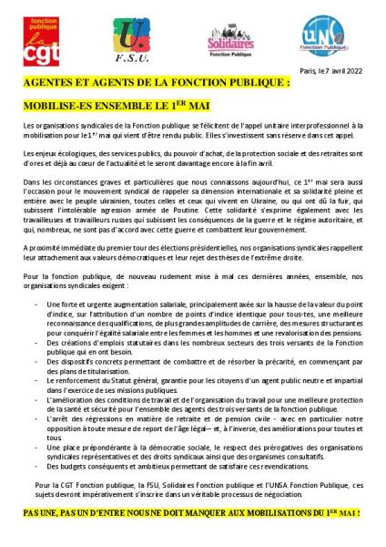 Agentes et agents de la Fonction Publique : Mobilisé-es ensemble le 1er mai - communiqué intersyndicale fonction publique du 7 avril 2022