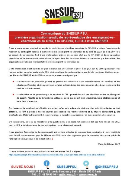 Contingent CNU de promotions : face à la mobilisation le ministère recule - Communiqué du SNESUP-FSU du 8 février 2022