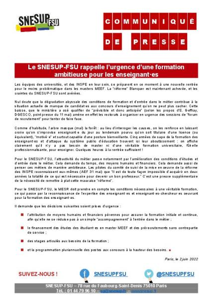 Le SNESUP-FSU rappelle l’urgence d’une formation ambitieuse pour les enseignant·es – Communiqué du SNESUP-FSU du 2 juin 2022