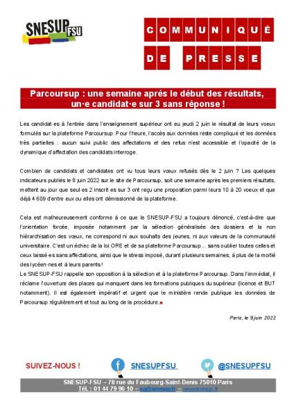 Parcoursup : une semaine après le début des résultats, un·e candidat·e sur 3 sans réponse ! - Communiqué du SNESUP-FSU du 9 juin 2022