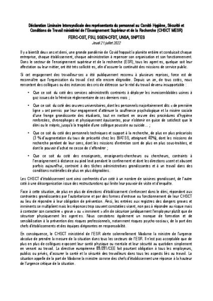 Déclaration liminaire Intersyndicale des représentants du personnel au CHSCT MESR  - Jeudi 21 juillet 2022