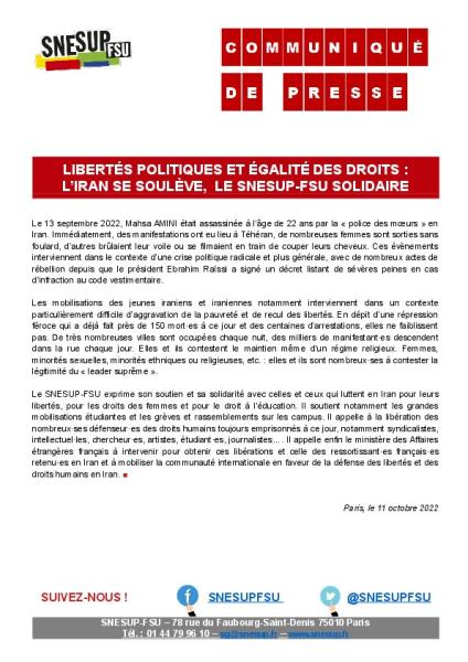 Libertés politiques et égalité des droits : l’Iran se soulève,  le SNESUP-FSU solidaire - Communiqué de presse du SNESUP-FSU du 11 octobre 2022