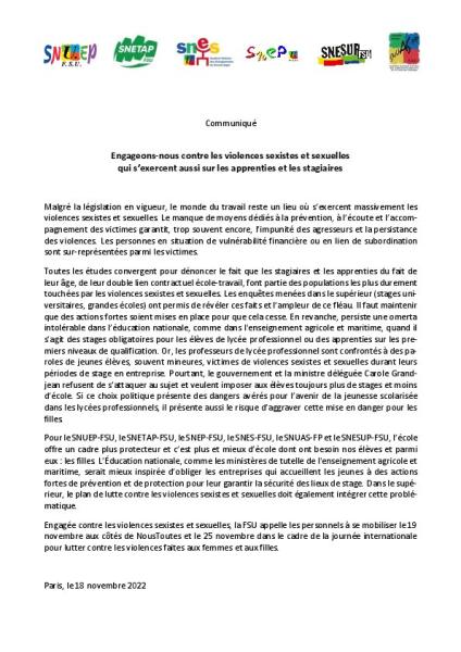 Engageons-nous contre les violences sexistes et sexuelles qui s’exercent aussi sur les apprenties et les stagiaires - Communiqué intersyndical du 18 novembre 2022