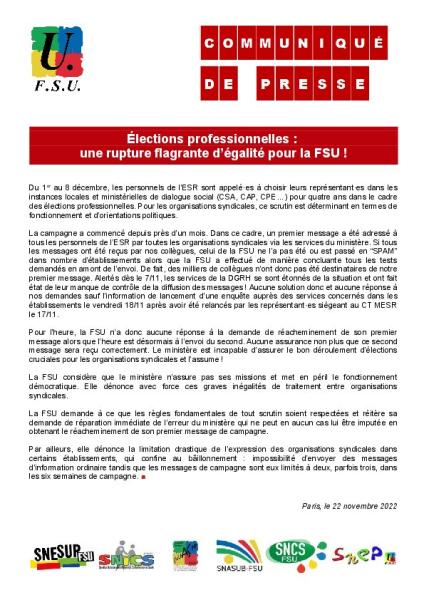 Élections professionnelles :  une rupture flagrante d’égalité pour la FSU ! - Communiqué de presse du SNESUP-FSU du 22 novembre 2022