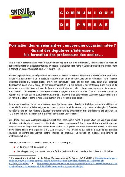 Formation des enseignant·es : encore une occasion ratée ? Quand des député·es s’intéressent à la formation des professeurs des écoles… - Communiqué de presse du SNESUP-FSU du 29 novembre 2022