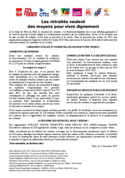 Les retraités veulent des moyens pour vivre dignement - Communiqué du groupe des 9 du 12 décembre 2022 
