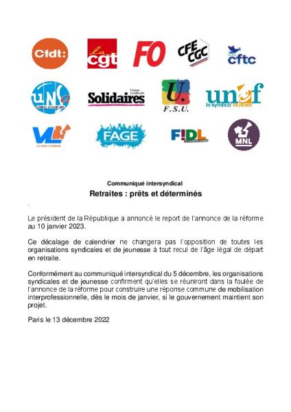 Retraites : prêts et déterminés - Communiqué intersyndical du 13 décembre 2022