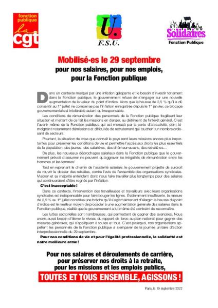 Mobilisé·es le 29 septembre pour nos salaires, pour nos emplois, pour la Fonction publique - communiqué du  19 septembre 2022