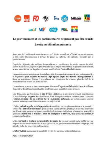Le gouvernement et les parlementaires ne peuvent pas être sourds à cette mobilisation puissante - Communiqué intersyndical du 7 février 2023