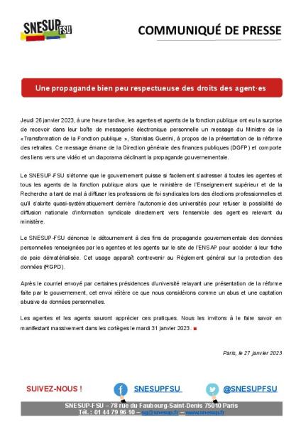 Une propagande bien peu respectueuse des droits des agent·es - Communiqué de presse du SNESUP-FSU du 27 janvier 2023
