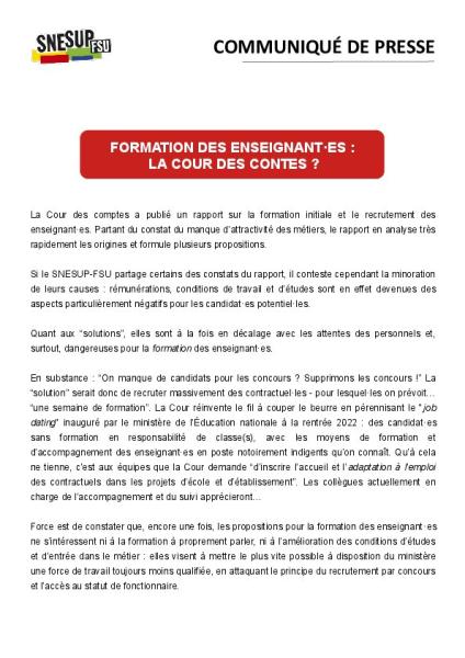 Formation des enseignant·es : la cour des contes ? - Communiqué de presse du SNESUP-FSU du 8 février 2023