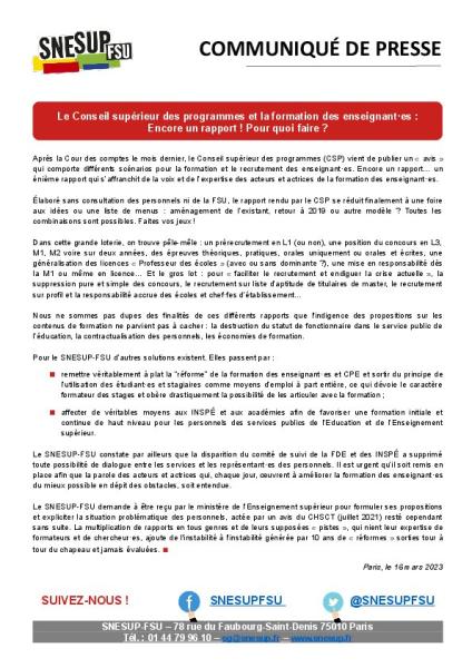 Le Conseil supérieur des programmes et la formation des enseignant-es : Encore un rapport ! Pour quoi faire ? - Communiqué de presse du SNESUP-FSU du 16 mars 2023
