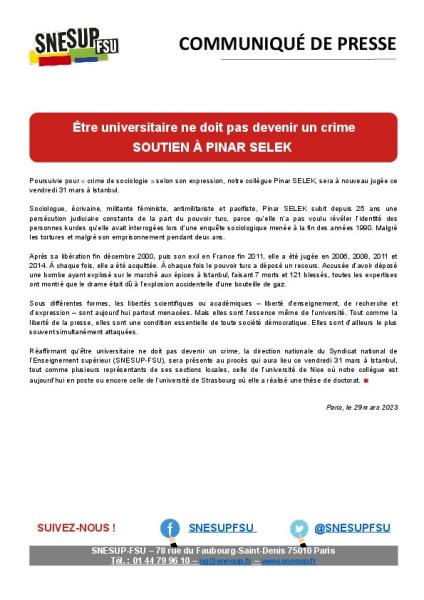 Être universitaire ne doit pas devenir un crime -SOUTIEN À PINAR SELEK - Communiqué de presse du SNESUP-FSU du 29 mars 2023