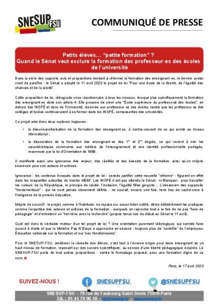 Petits élèves… “petite formation” ? Quand le Sénat veut exclure la formation des professeurs des écoles de l’université - Communiqué de presse du SNESUP-FSU du 17 avril 2023
