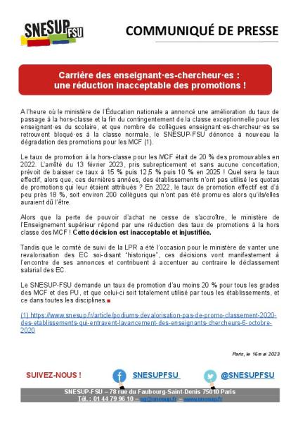 Carrière des enseignant·es-chercheur·es :  une réduction inacceptable des promotions ! - Communiqué de presse du SNESUP-FSU du 16 mai 2023