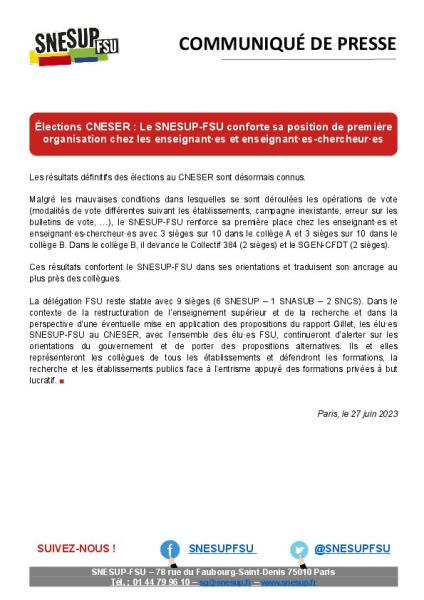 Élections CNESER : Le SNESUP-FSU conforte sa position de première organisation chez les enseignant·es et enseignant·es-chercheur·es - Communiqué de presse du SNESUP-FSU du 27 juin 2023
