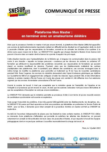 Plateforme Mon Master :  en terminer avec un amateurisme délétère - Communiqué de presse du 12 juillet 2023