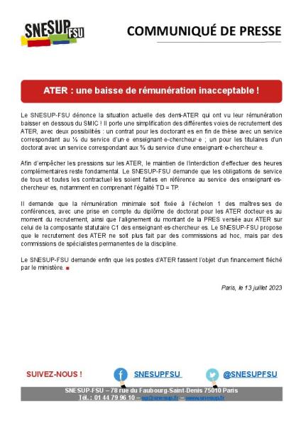 ATER : une baisse de rémunération inacceptable ! - Communiqué de presse du 13 juillet 2023
