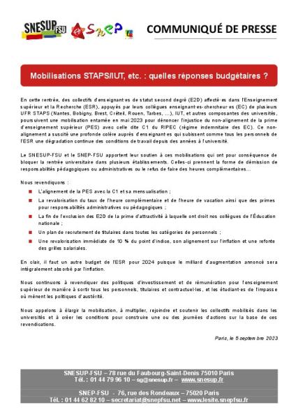 Mobilisations STAPS/IUT, etc. : quelles réponses budgétaires ? - Communiqué de presse SNESUP et SNEP-FSU du 5 septembre 2023