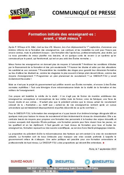 Formation initiale des enseignant·es :  avant, c’était mieux ? - Communiqué de presse SNESUP-FSU du 7 septembre 2023