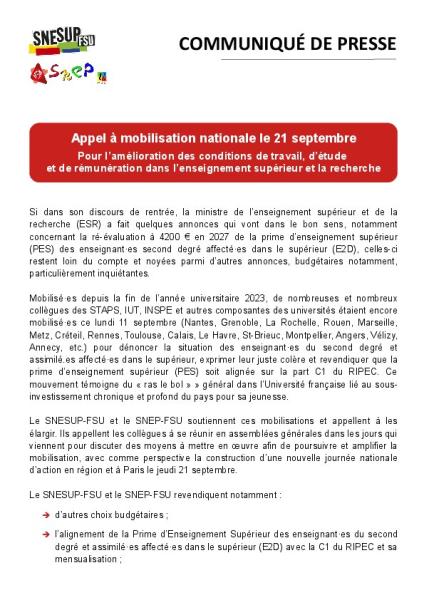 Appel à mobilisation nationale le 21 septembre - Pour l’amélioration des conditions de travail, d’étude et de rémunération dans l’enseignement supérieur et la recherche - Communiqué de presse SNESUP/SNEP-FSU du 12 septembre 2023