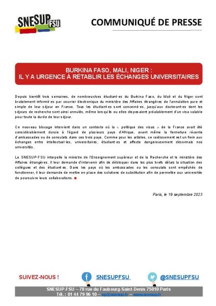 BURKINA FASO, MALI, NIGER : IL Y A URGENCE À RÉTABLIR LES ÉCHANGES UNIVERSITAIRES - Communiqué de presse SNESUP-FSU du 19 septembre 2023