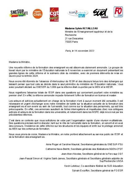 Courrier intersyndical à la Ministre de l'Enseignement supérieur et de la Recherche du 14 novembre 2023 - Demande d'audience au sujet de la réforme de la formation des enseignant·es