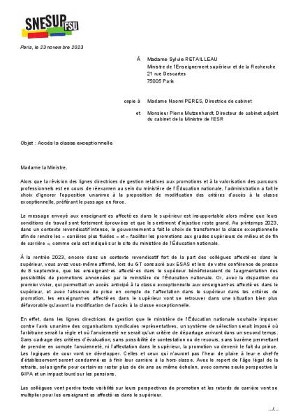  Courrier à la Ministre de l'Enseignement supérieur et de la Recherche du 23 novembre 2023 - Accès à la classe exceptionnelle 