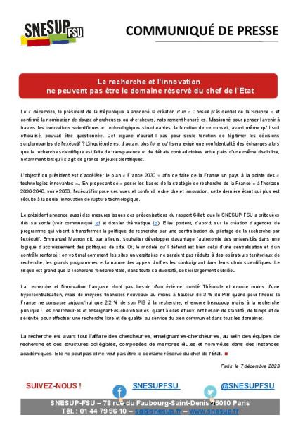 La recherche et l’innovation ne peuvent pas être le domaine réservé du chef de l’État  - Communiqué de presse du SNESUP-FSU du 7 décembre 2023