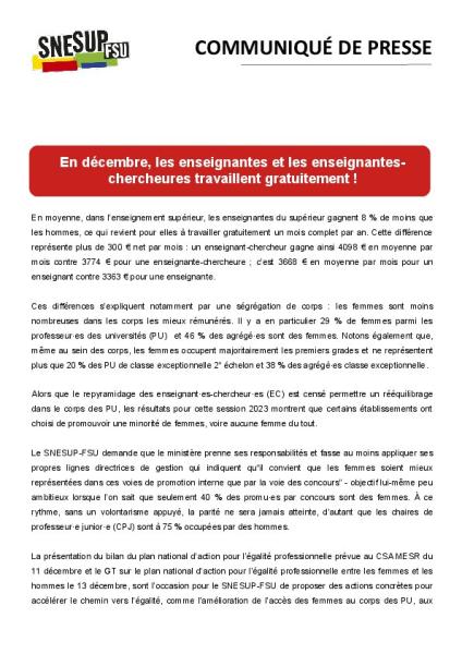 En décembre, les enseignantes et les enseignantes-chercheures travaillent gratuitement ! - Communiqué de presse du SNESUP-FSU du 13 décembre 2023