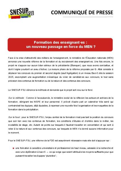 Formation des enseignant·es : un nouveau passage en force du MEN ? - Communiqué de presse du SNESUP-FSU du 18 décembre 2023