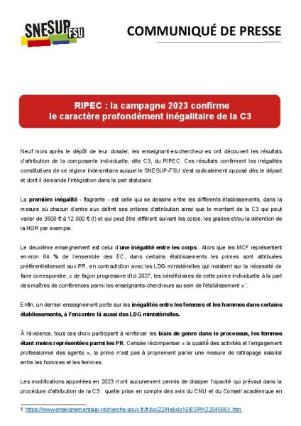 RIPEC : la campagne 2023 confirme le caractère profondément inégalitaire de la C3 - Communiqué de presse du SNESUP-FSU du 19 décembre 2023