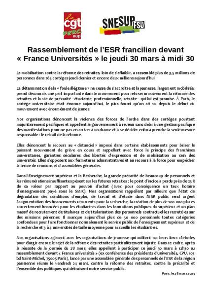 Rassemblement contre la réforme des retraites le jeudi 30 mars à 12h30 - Appel SNESUP/FERCSUP du 29 mars 2023