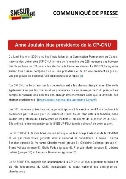 Anne Joulain élue présidente de la CP-CNU - Communiqué de presse du SNESUP-FSU du 9 janvier 2024