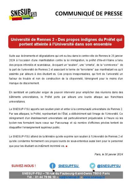 Université de Rennes 2 - Des propos indignes du Préfet qui portent atteinte à l’Université dans son ensemble  - Communiqué de presse du SNESUP-FSU du 30 janvier 2024