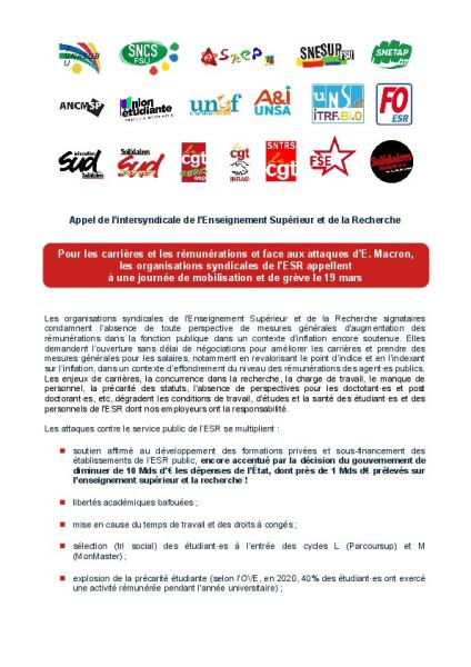 Journée de mobilisation du 19 mars - Pour les carrières et les rémunérations et face aux attaques d’E. Macron, les organisations syndicales de l'ESR se mobilisent - Appel intersyndical du 4 mars 2024