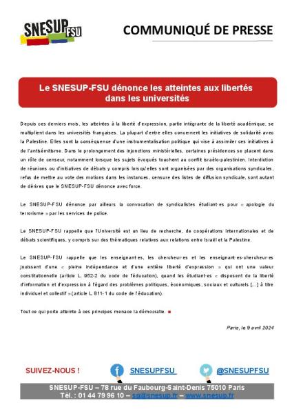 Le SNESUP-FSU dénonce les atteintes aux libertés dans les universités - Communiqué de presse du SNESUP-FSU du 9 avril 2024
