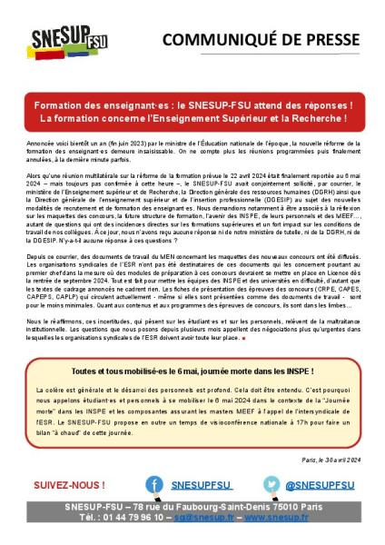 Formation des enseignant·es : le SNESUP-FSU attend des réponses ! - Communiqué de presse du SNESUP-FSU du 30 avril 2024