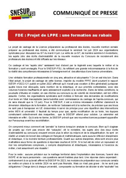 FDE : Projet de LPPE : une formation au rabais - Communiqué de presse du SNESUP-FSU du 5 juin 2024