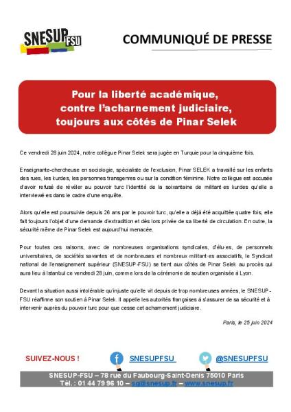 Pour la liberté académique, contre l’acharnement judiciaire,toujours aux côtés de Pinar Selek - Communiqué de presse du SNESUP-FSU du 25 juin 2024