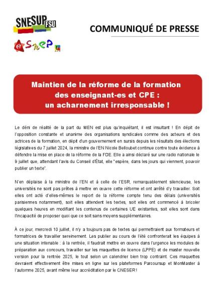 Maintien de la réforme de la formation  des enseignant-es et CPE : un acharnement irresponsable ! - Communiqué de presse SNESUP et SNEP-FSU du 10 juillet 2024