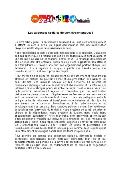 Les exigences sociales doivent être entendues ! - Communiqué intersyndical du 11 juillet 2024