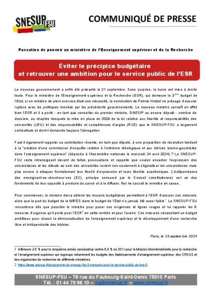 Éviter le précipice budgétaire et retrouver une ambition pour le service public de l’ESR - Communiqué de presse du SNESUP-FSU du 23 septembre 2024