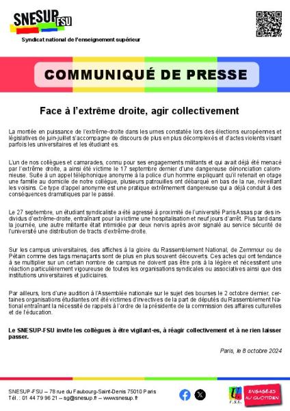 Face à l’extrême droite, agir collectivement - Communiqué de presse du SNESUP-FSU du 8 octobre 2024