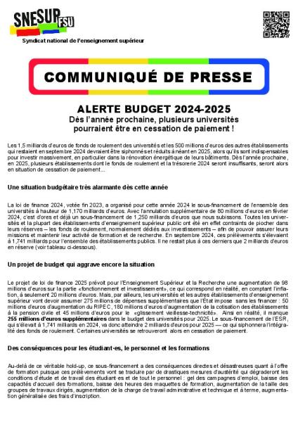 ALERTE BUDGET 2024-2025 - Dès l’année prochaine, plusieurs universités pourraient être en cessation de paiement ! - Communiqué du SNESUP-FSU du 19 novembre 2025